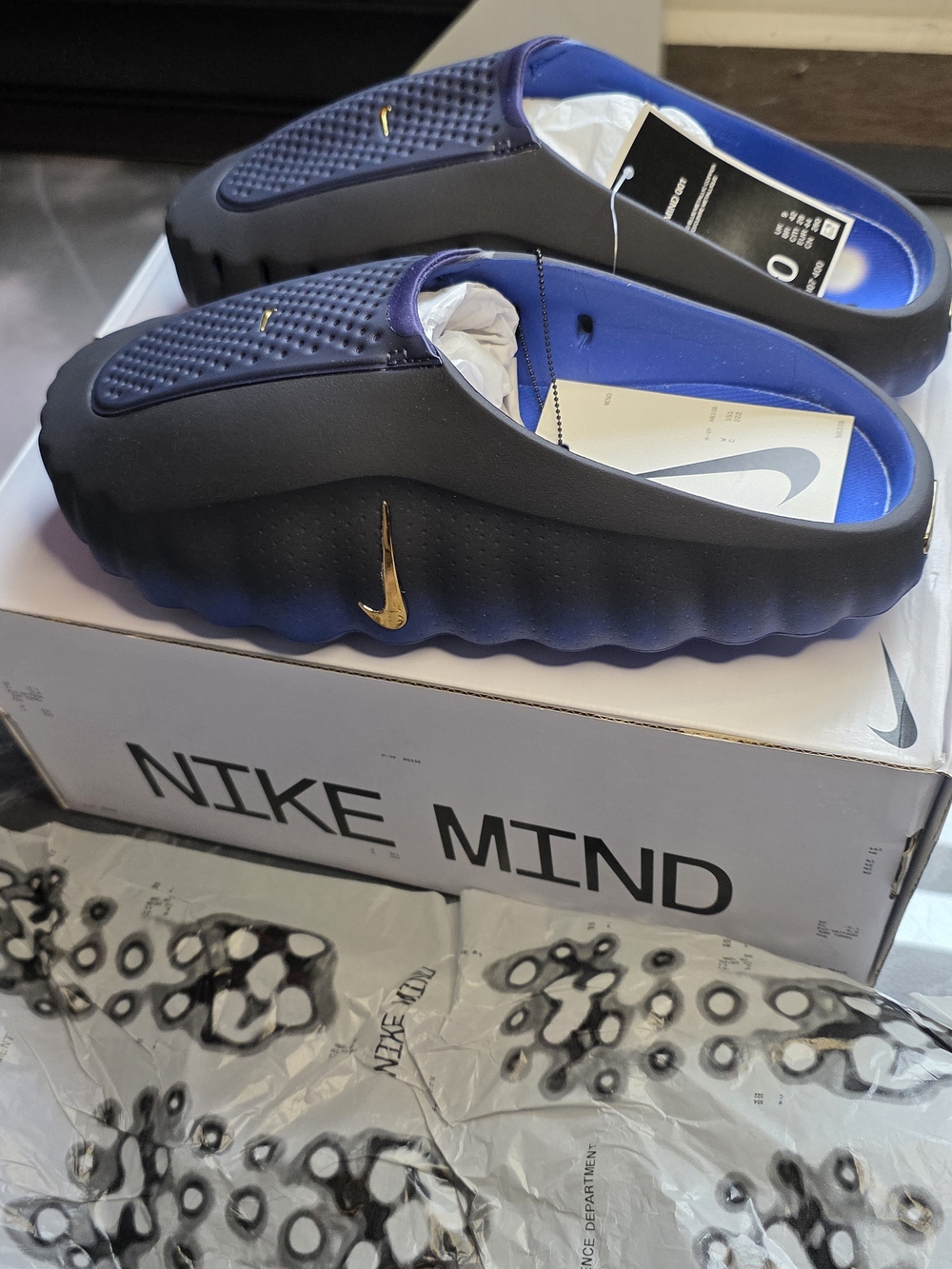 Nike Men’s Slip-On Clog — Black & Blue with Gold Swoosh